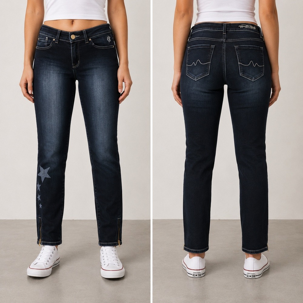 Vintage Pepe Jeans JUBILEE Dark Wash Star Print Ankle Zip Skinny Jeans Size 28